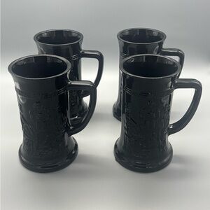 TIARA Indiana Glass Company Black Milk Glass Tavern Tankards /Steins Set of 4